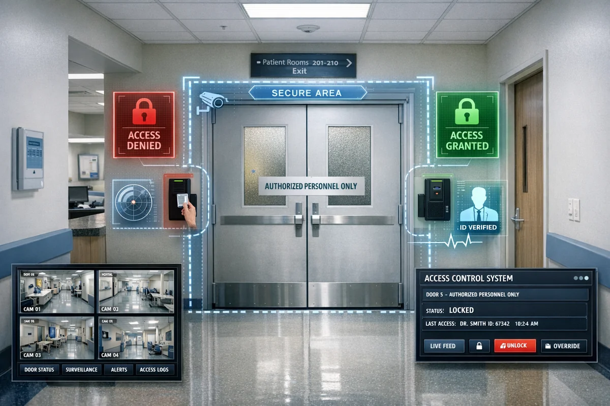 Hospital corridor with security system overlay