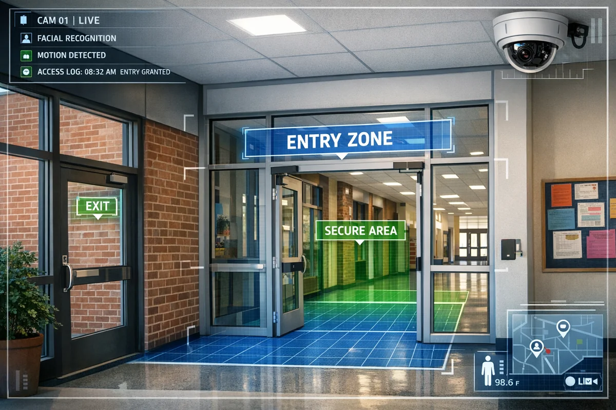 School entrance with security monitoring overlay